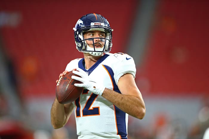 Denver Broncos quarterback Paxton Lynch (12) against the Arizona Cardinals during a pre season game at University of Phoenix Stadium.